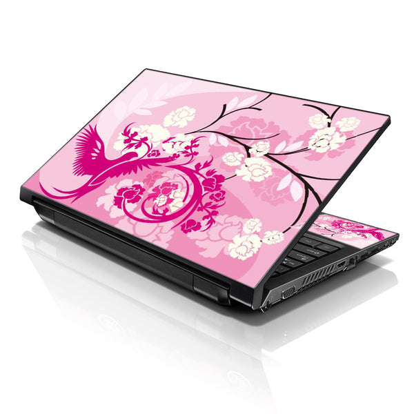 Laptop Notebook Skin Decal with 2 Matching Wrist Pads - Pink Birds Floral