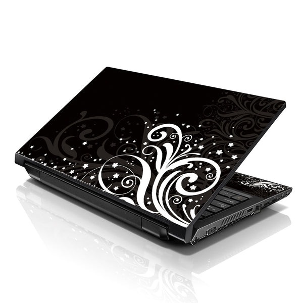 Laptop Notebook Skin Decal with 2 Matching Wrist Pads - Black and White Floral