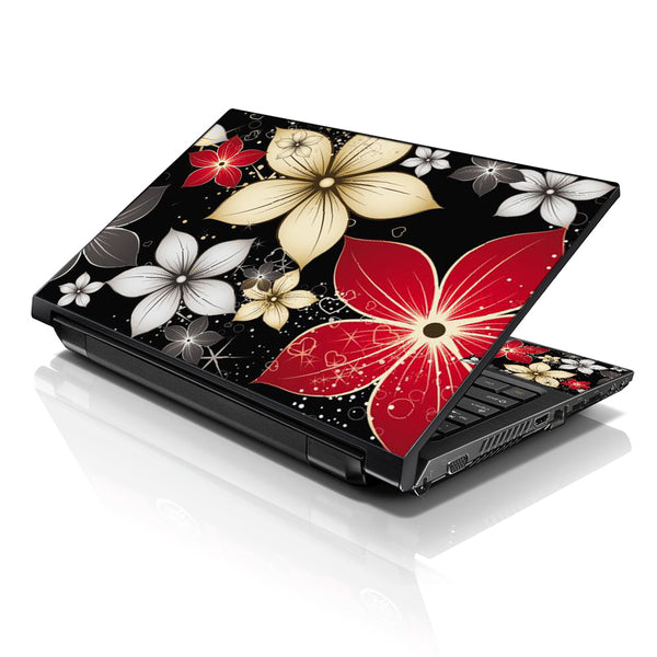 Laptop Notebook Skin Decal with 2 Matching Wrist Pads - Black Grey Flower Leaves