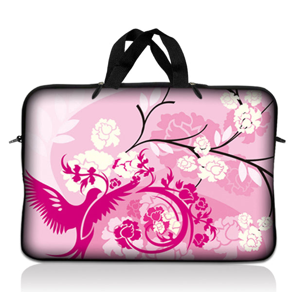 Laptop Notebook Sleeve Carrying Case with Carry Handle – Pink White Roses Bird Floral